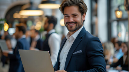 Aufkleber - CEO with a dark blue suit holding a laptop, smiling down at the laptop. behind the CEO is other employees working on laptops. Generative AI.