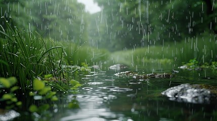 Poster - Rain falling on grass, misty, beautiful, lush green, depth of field, water reflections. Generative AI.