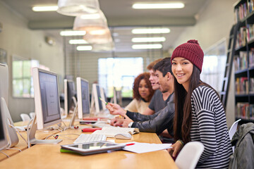 Poster - College, portrait and woman with computer in library for education, learning or project. Online, scholarship and happy student with friends for browsing internet, knowledge or working on assignment