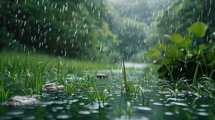 Rain falling on grass, misty, beautiful, lush green, depth of field, water reflections. Generative AI.