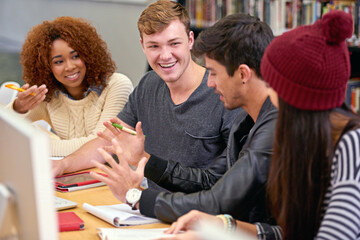 Poster - Study group, students and discussion with ideas in library for education, assignment and academic research. Campus, college or university for scholar people, boys and girls with essay assessment