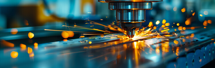 Wall Mural - a close up of a machine cutting metal with sparks in the air