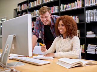 Poster - Learning, library and team of students on computer for help on exam knowledge, education and friends research. University, desktop and happy people study together for discussion or laugh in college