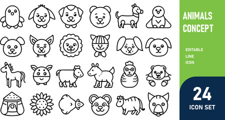 Wall Mural - Animals related concept such as Dog, cat, horse,  pig, sheep, goat, chicken, bird, fish & many more editable stroke outline icons isolated on white background flat vector illustration