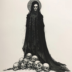 Poster - arafed image of a woman in a black cloak and a hat standing over a pile of skulls