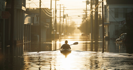 Wall Mural - arafed man in a kayak paddles through a flooded street