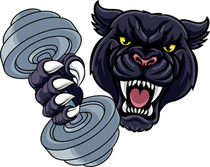 Wall Mural - A panther jaguar leopard weight lifting gym animal sports mascot holding a dumbbell weight in his claw