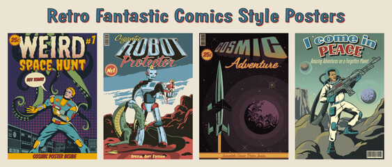 Wall Mural - retro fantastic comics, sci-fi book covers style illustrations. robots, astronauts, extraterrestrial