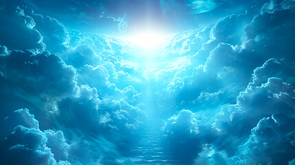 Poster - Ethereal clouds with a radiant light in the center, digital artwork on a blue sky background, depicting a heavenly concept. Generative AI