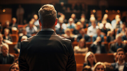 Poster - Man giving a presentation to an audience, a concept of leadership and communication on a blurred audience background. Generative AI
