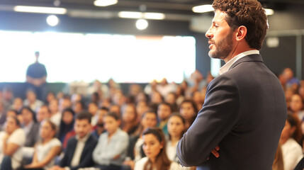 Poster - Businessman presenting to an audience, photo-style, blurred audience background, concept of leadership. Generative AI