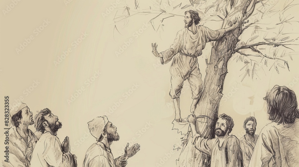 Zacchaeus in Sycamore Tree, Jesus Calling Him Down, Murmuring Crowd ...