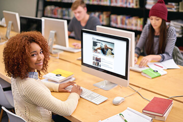 Sticker - Portrait, woman and library with computer at university for education, learning or research project. Online, scholarship and student with friends for internet, knowledge or working on assignment