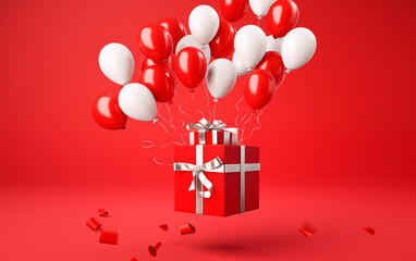 Wall Mural - balloons and gift box with ribbon and bow on red background