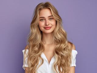 Sticker - blond woman with long wavy hair posing for a picture