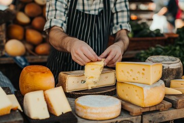 Shot of a farmer greeting at a local market with different types of organic cheese on a wooden table, man holding a piece of cheese, daylight.