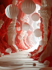 Poster - Red and white abstract tunnel with hanging spheres