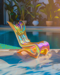 Sticker - brightly colored plastic chair sitting in a pool with a plant in the background