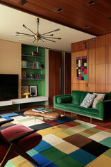 Sticker - brightly colored rug in a living room with a green couch and a television