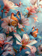 Wall Mural - butterflies are flying around a flower with pink flowers in the background