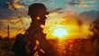 © JK_kyoto - Memorial Day captures a soldiers silhouette at sunset, close up, with a hitech HUD hologram, cinematic look, sharpen with copy space