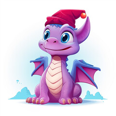 Wall Mural - cartoon dragon with a red hat sitting on the ground