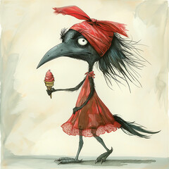 Wall Mural - cartoon drawing of a bird with a red hat and a red dress holding an ice cream cone