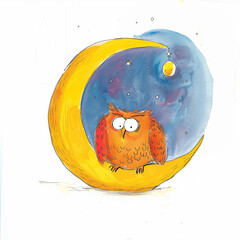 Wall Mural - cartoon drawing of an owl sitting on a crescent with a moon in the background