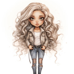 Wall Mural - cartoon girl with long hair and jeans standing in front of a white background