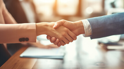 Aufkleber - Close-up of a professional handshake, warm tones in the background, symbolizing a business agreement. Generative AI