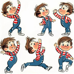 Wall Mural - cartoon of a boy in various poses with different expressions