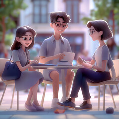 Wall Mural - cartoon of three people sitting at a table with a laptop