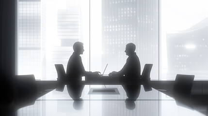 Poster - Silhouettes of two people having a meeting in an office with a cityscape backdrop, business concept. Generative AI