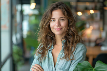 Wall Mural - Portrait of a successful female entrepreneur in front of her startup office, empowering and vibrant, Photography style. Small business professional company and business growth feeling