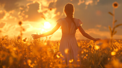 Poster - Woman in a field at sunset, arms outstretched, warm golden tones, concept of freedom and nature. Generative AI