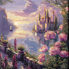 Poster - painting of a castle with a lake and flowers in the foreground