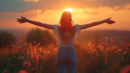 Poster - Woman in a field during sunset, open arms, photographic style, against a sunlit floral background, concept of freedom. Generative AI