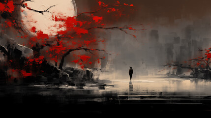 Wall Mural - painting of a man standing in the middle of a lake with a full moon in the background
