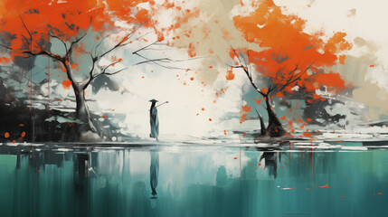 Wall Mural - painting of a man standing in the middle of a lake with trees