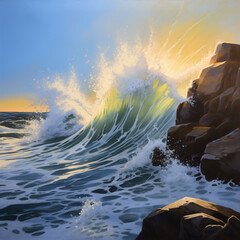 painting of a wave breaking on a rocky shore with a blue sky