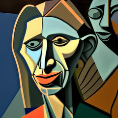 Wall Mural - painting of a woman with a mans face in a blue