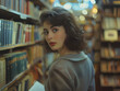 © lam - A woman stands in a library, leaning against a bookshelf filled with old books.