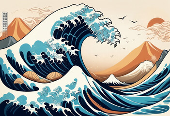 Wall Mural - Great ocean wave as Japanese vintage style illustration