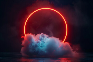 Wall Mural - Dark night sky with a cloud lit by a glowing ruby red neon ring in a 3D tall frame.