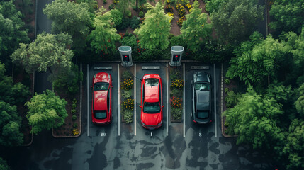 Aerial top view image of progressive modern green energy-powered charging station, electric vehicle at modern public car park