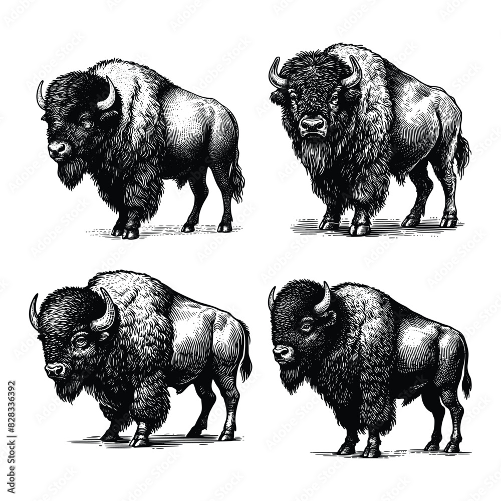 set of bison illustration. black and white hand drawn bison vector ...