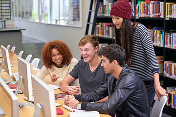 Poster - Education, library and happy group of students on computer for exam, learning knowledge and friends research. University, desktop and team of people studying together, discussion or laugh in college