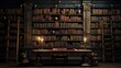 © Sippung - Vintage library setting with tall wooden shelves filled with old and antique books showcasing a study table with lit candles and a cozy ambiance.
