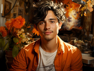 Poster - A portrait of a young man with curly hair, orange jacket, warm light, artistic studio background, concept of creativity. Generative AI