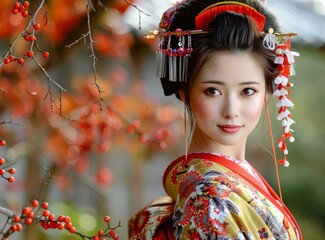 Wall Mural - Portrait of a beautiful Japanese woman in traditional kimono